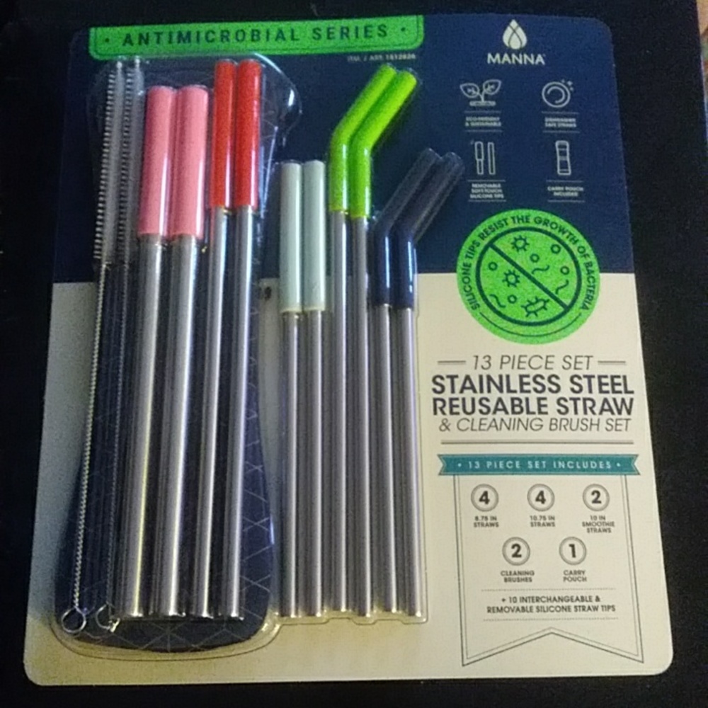 13 Piece Stainless Steel Reusable Straws by Manna